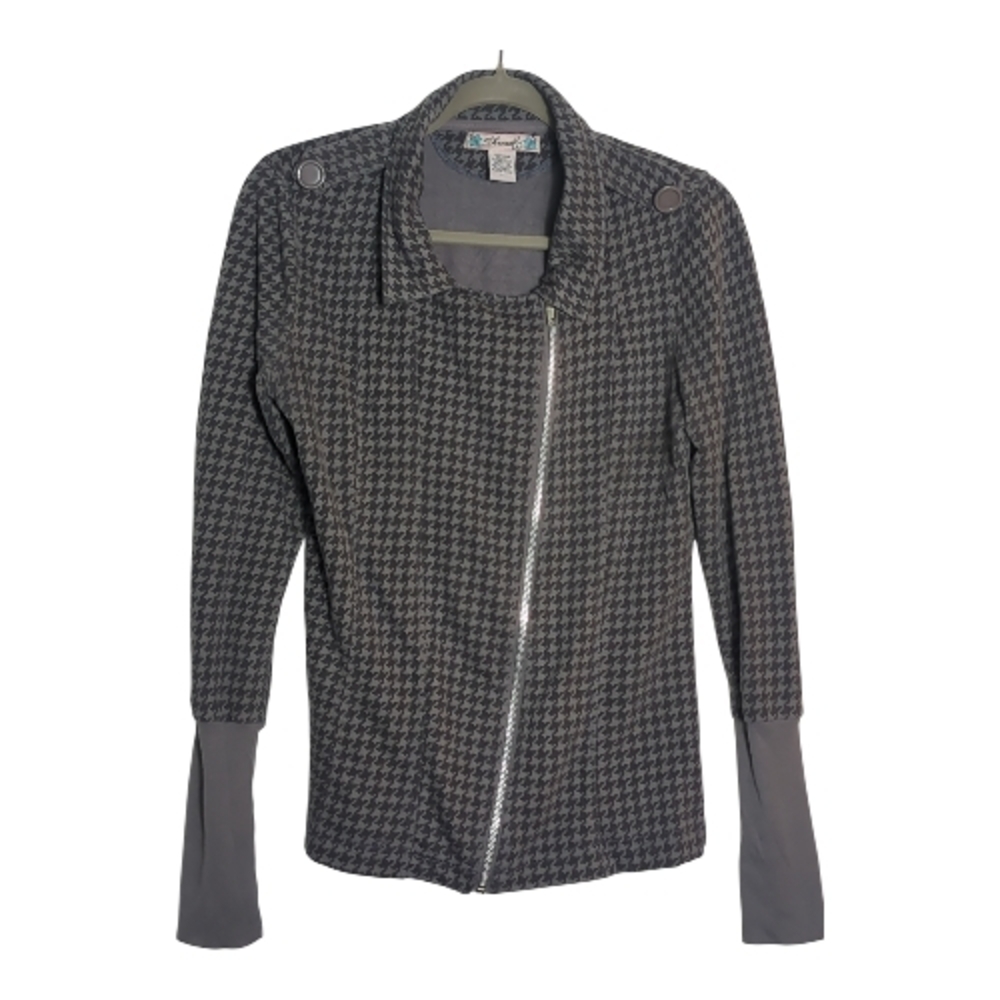 Threads Lg Gray Houndstooth Asymmetrical Zip Moto Jacket Y2K Indie Sleaze Goth